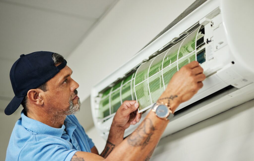 Electrician, ac repair and air conditioner with man and filter for maintenance, ventilation and pow